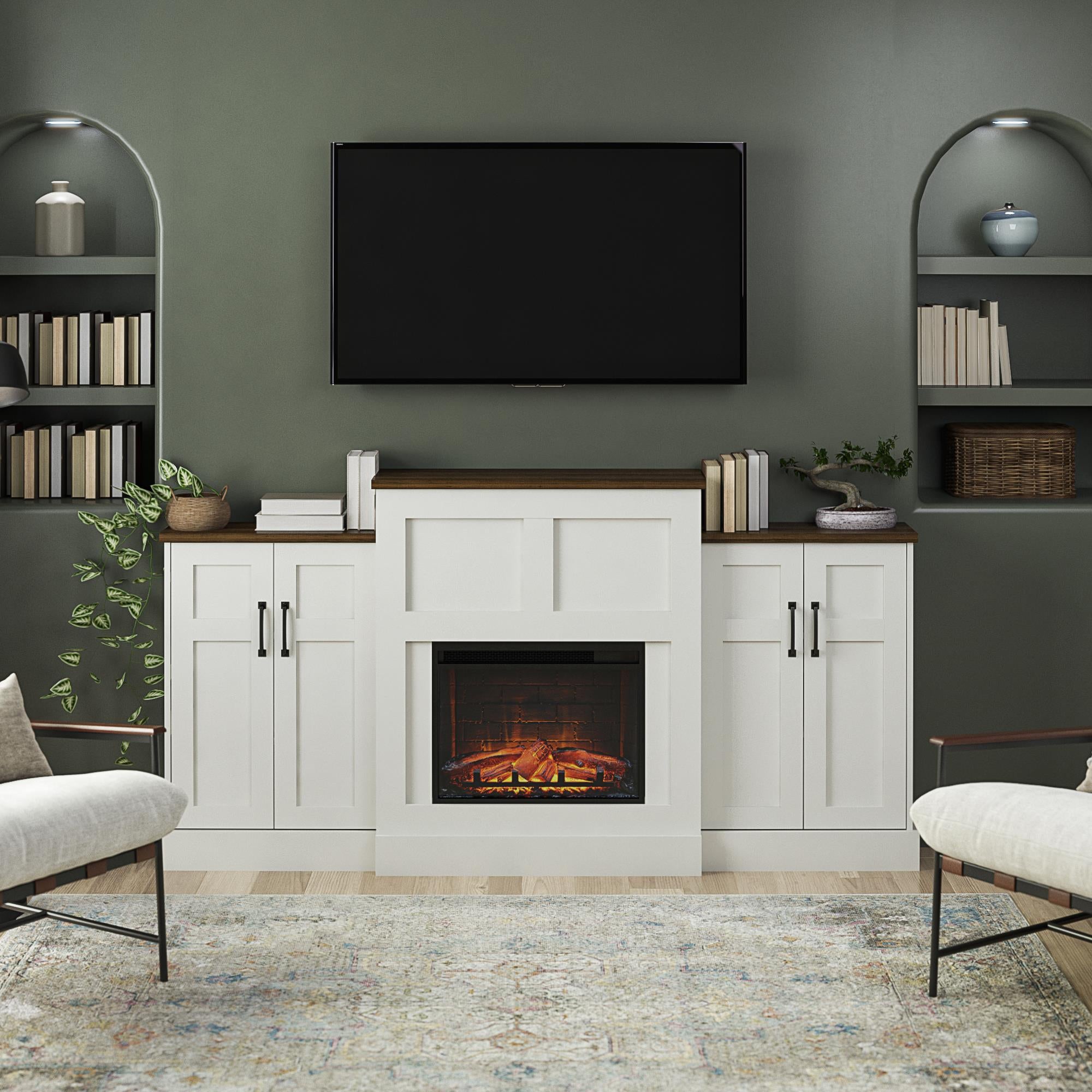 Hattie Mantel with Electric Fireplace and Built In Side Storage Cabine Ameriwood