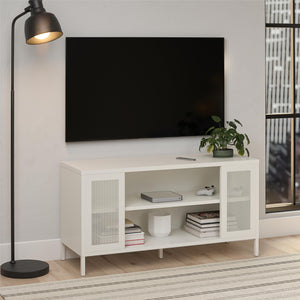 Sunset District Metal TV Stand for TVs up to 50" with Perforated Metal Mesh Accents - White