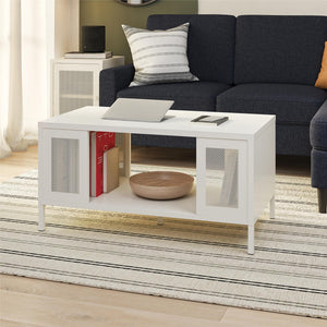 Sunset District Metal Coffee Table with Perforated Metal Mesh Accents - White