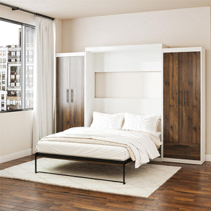 Pinnacle Queen Wall Bed Bundle with 2 Wardrobe Side Cabinets - Columbia Walnut - Queen