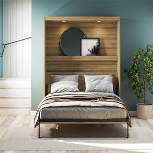 Impressions Full Wall Bed with Gallery Shelf & Touch Sensor LED Lighting - Natural