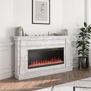 Waverly Wide Mantel with Linear Electric Fireplace & Crystal Ember Bed - White marble